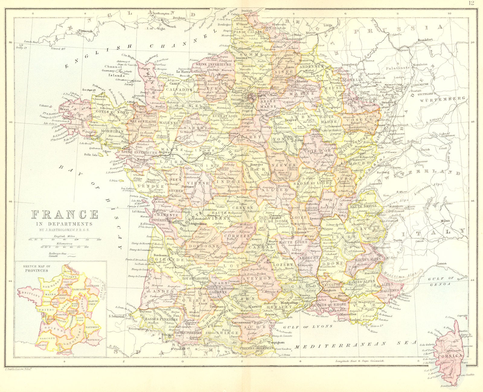 FRANCE. Departments. Collins Corsica inset 1876 old antique map plan chart